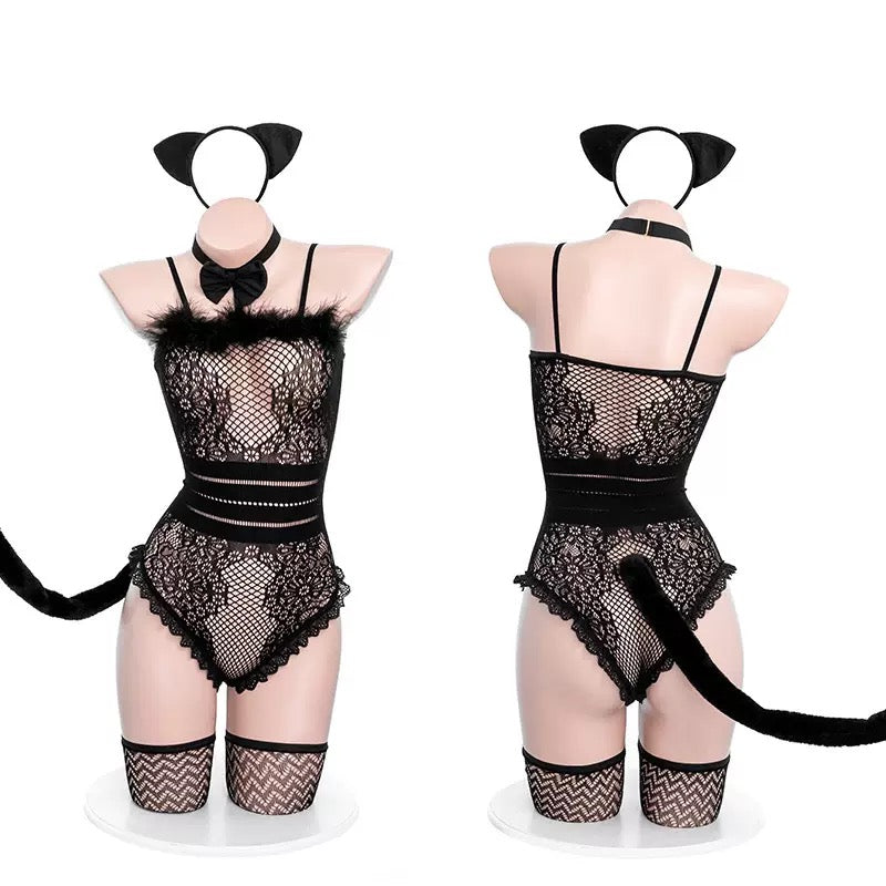 Black lace lingerie set with cat ears on mannequins against a white background