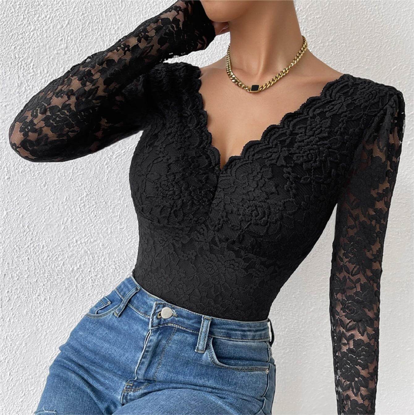 Black Lace Long Sleeve Bodysuit - Femboy Fashion