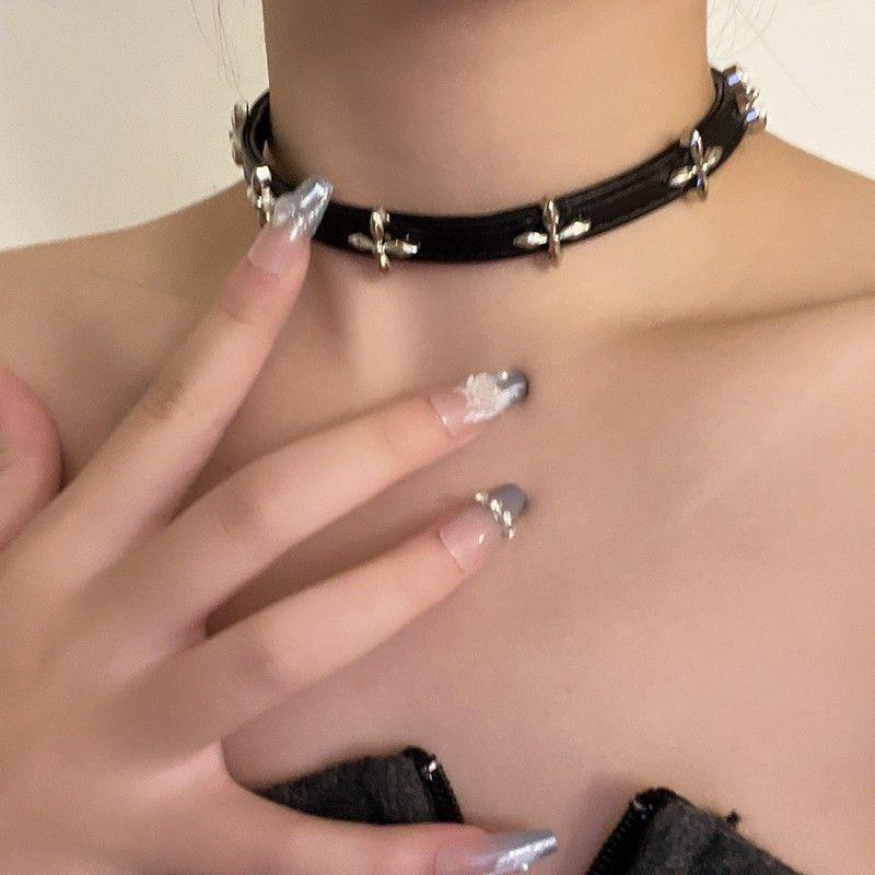 Black Leather Cross Choker - Femboy Fashion