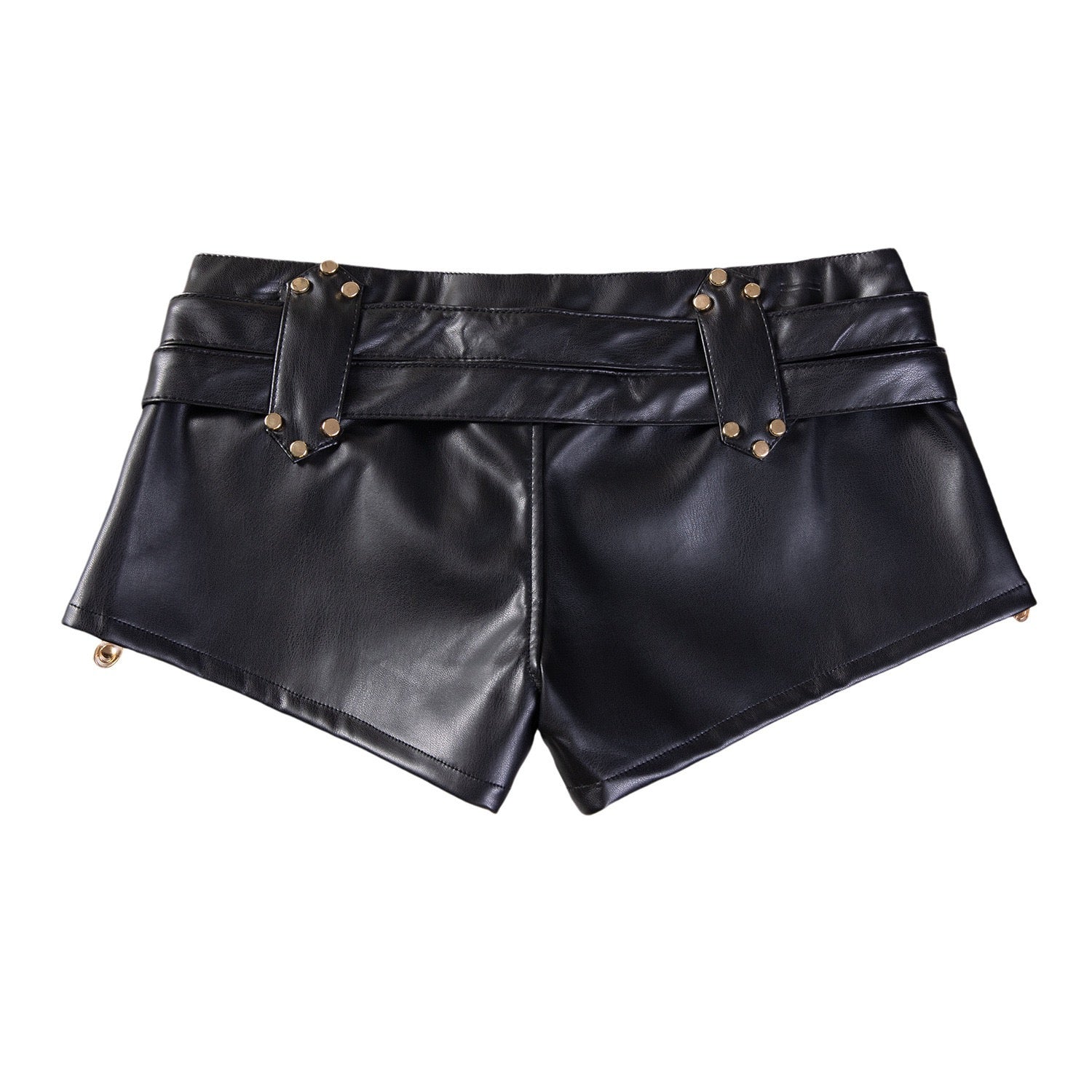 Black leather shorts on a mannequin against a white background