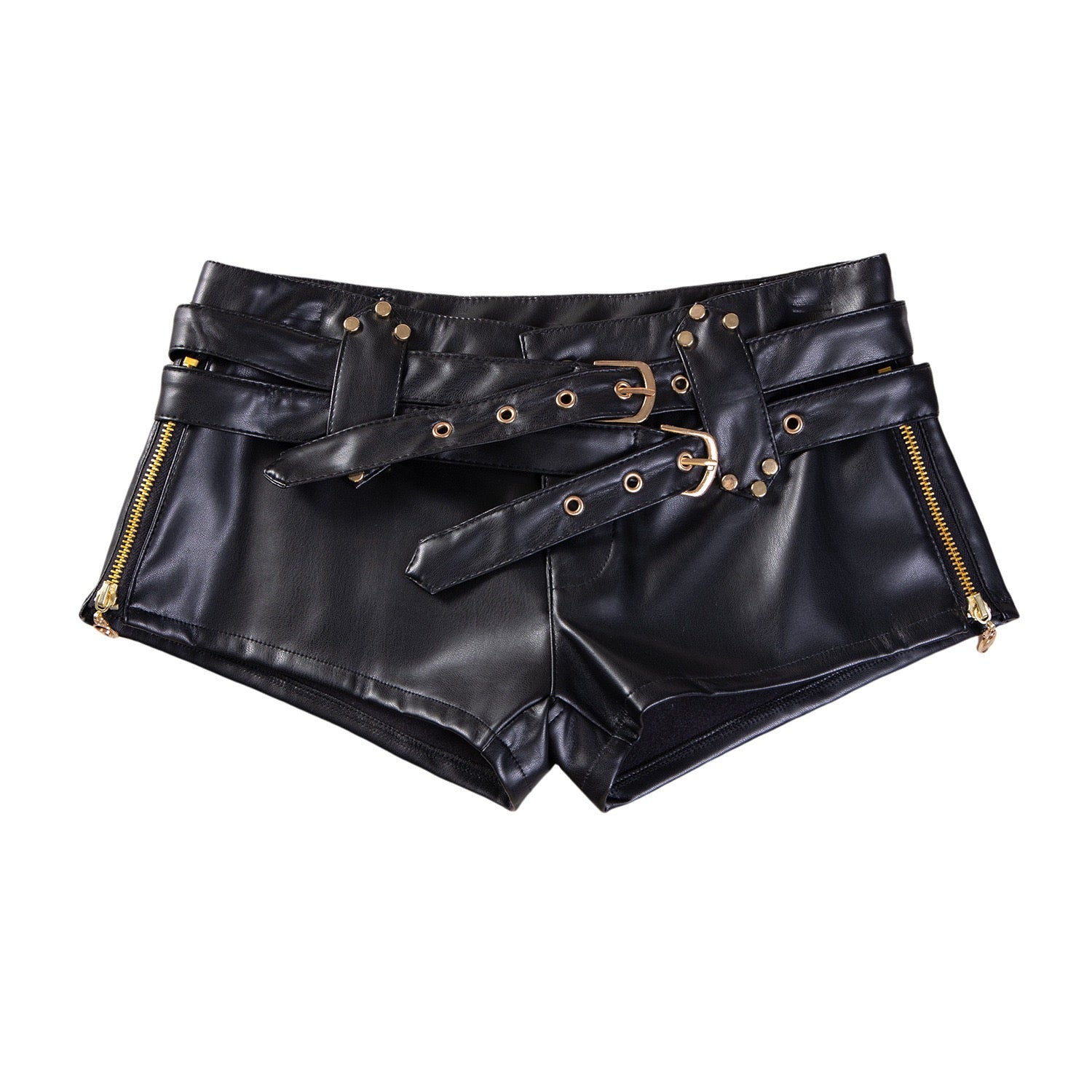 Black leather shorts with lace-up front and metal hardware on a white background
