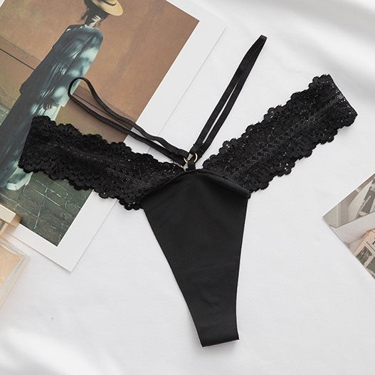 Sexy black sheer lace thong panties