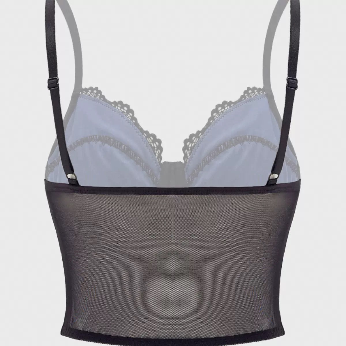 Gray bra with lace trim and mesh back on a light gray background