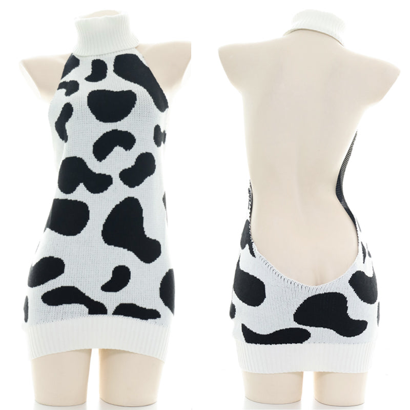 Sexy Cow Print Backless Lingerie Set Front and Back - Femboy Fashion