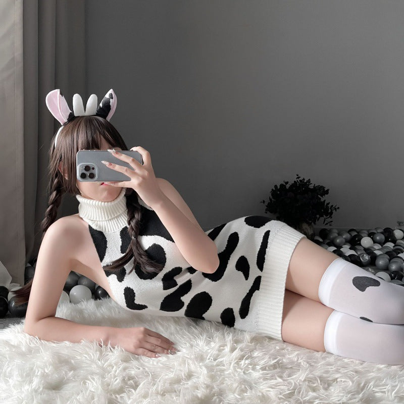 Sexy Cow Print Backless Lingerie Set - Femboy Fashion