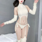 Person wearing a white ribbed outfit with suspenders against a gray background