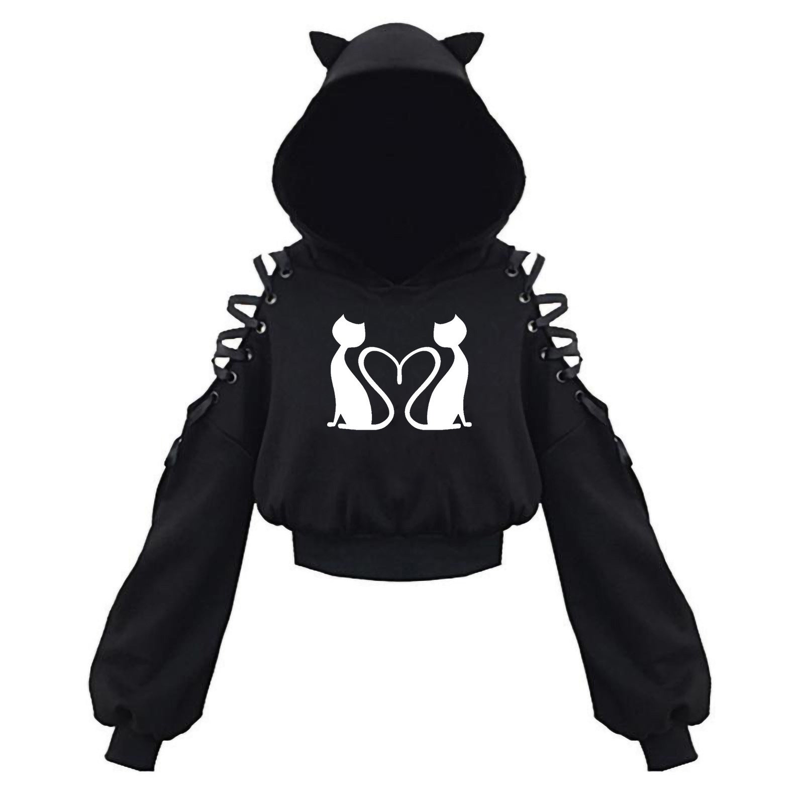 Black Cat Crop Hoodie With Ears - Femboy Fashion