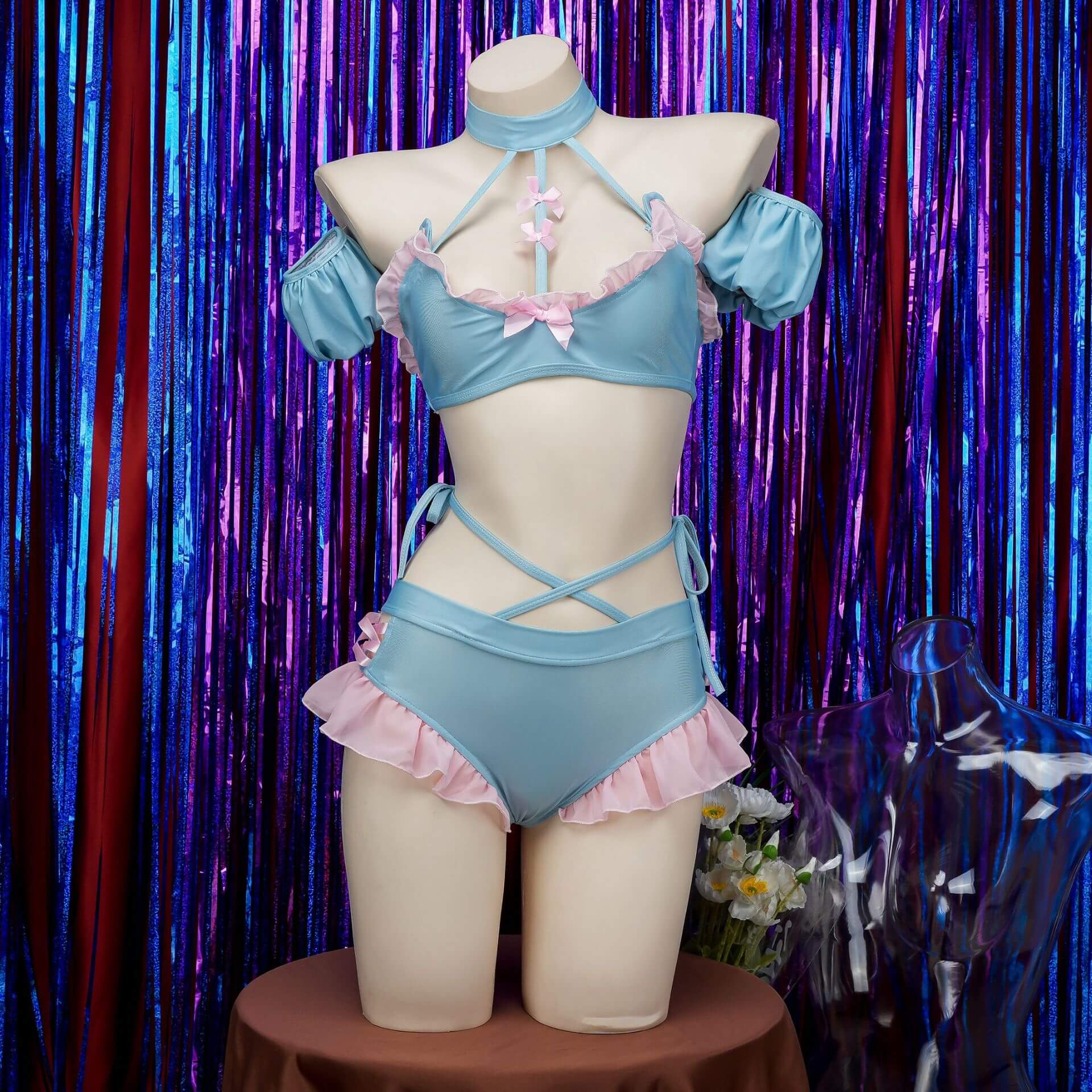 Cute Blue Pink Ruffle Pastel Lingerie Front - Femboy Fashion