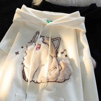 Cute Cat Femboy Hoodie (Beige, White)