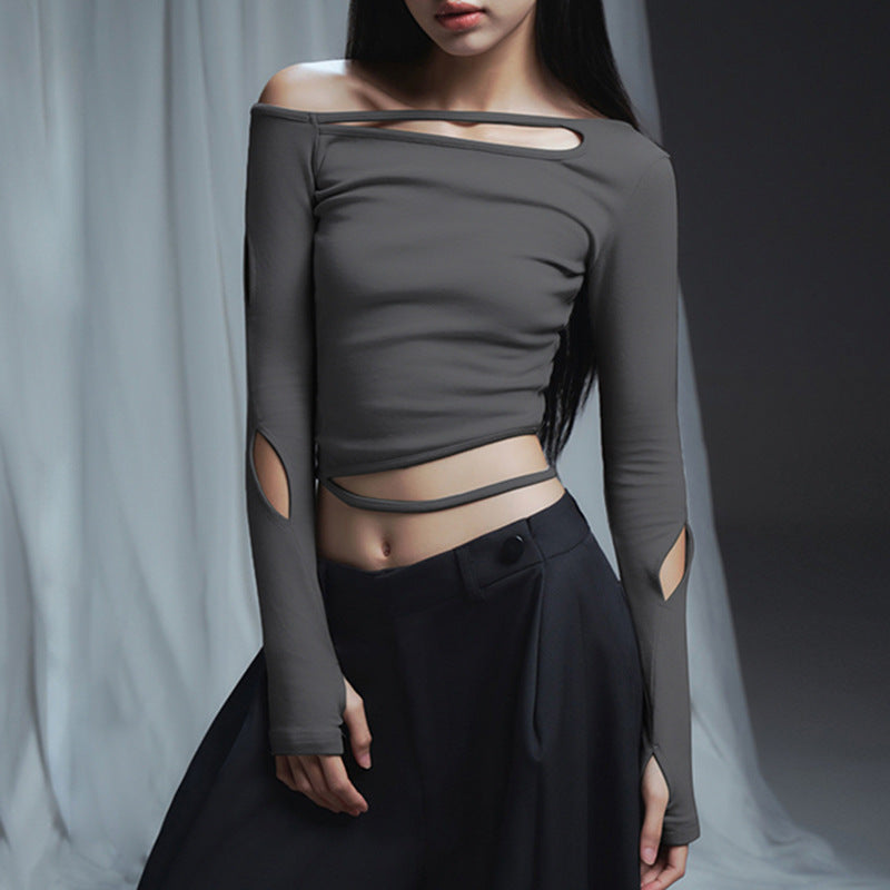 Dark Gray Off Shoulder Hollow Out Crop Top - Femboy Fashion