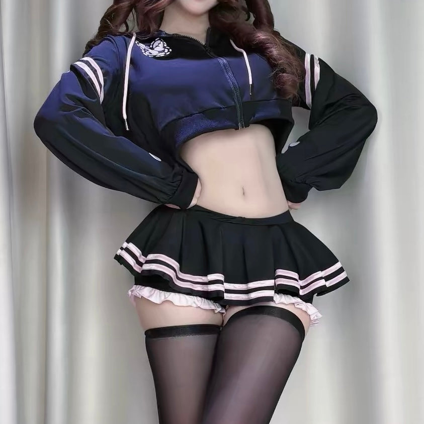 Femboy wear a black crop hoodie and mico skirt set