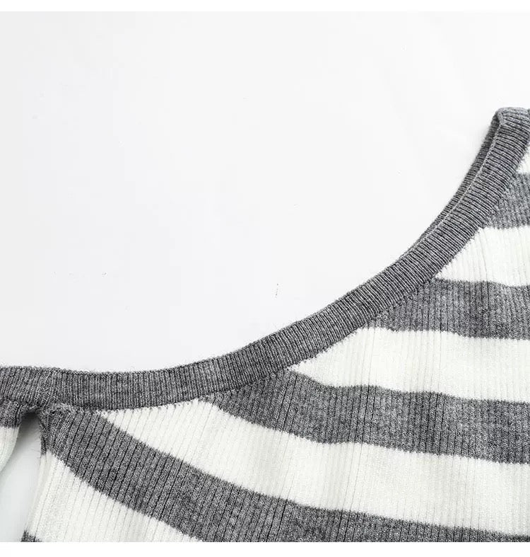 Gray And White Striped T-Shirt Long Sleeve - Femboy Fashion