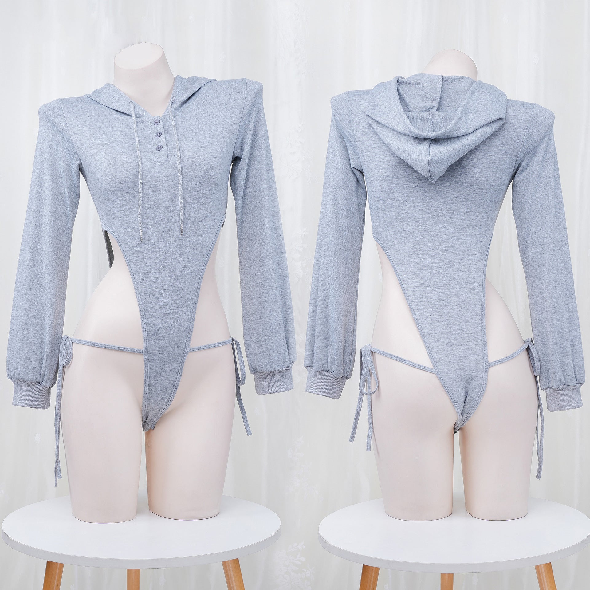 Gray High Cut Bodysuit Hoodie - Femboy Fashion