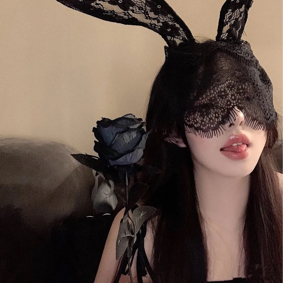 Femboy with Black Lace Bunny Ear Headband - Femboy Fashion