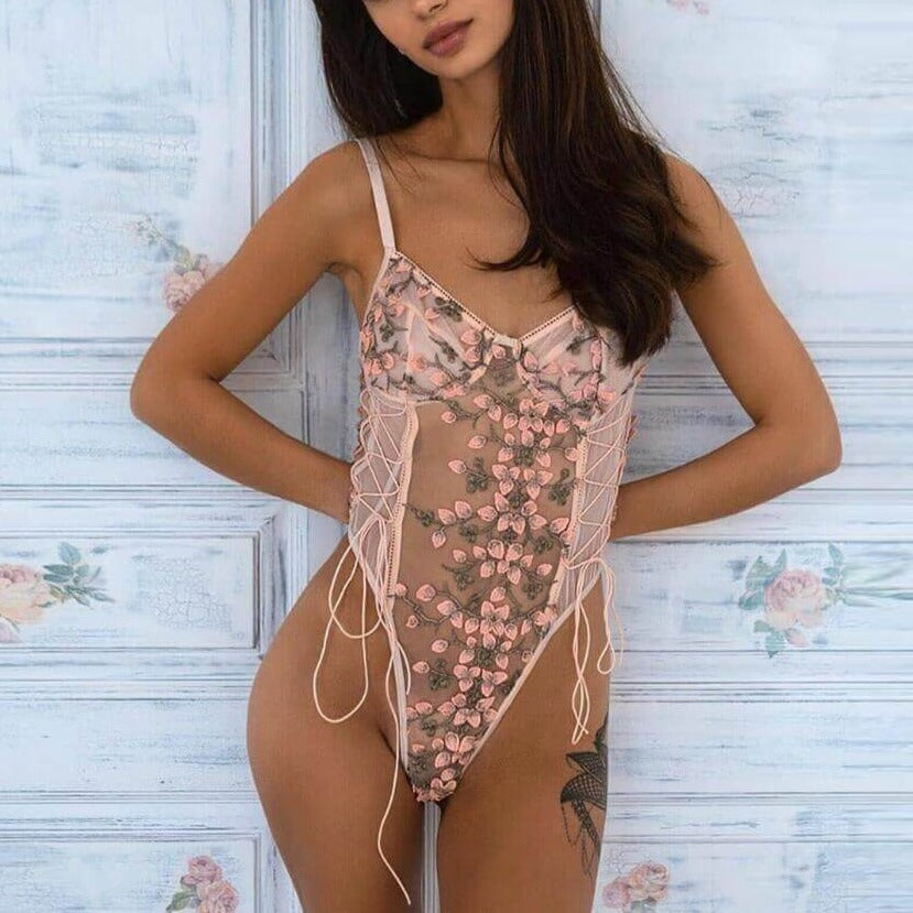 Femboy in Sexy Pink Lace Floral Teddy Lingerie - Femboy Fashion