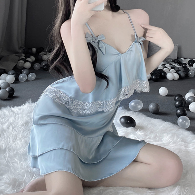 Light Blue V Neck Sexy Lace Trim Backless Nightgown - Femboy Fashion