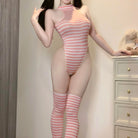 Person wearing a pink and white striped bodysuit and stockings in a room.