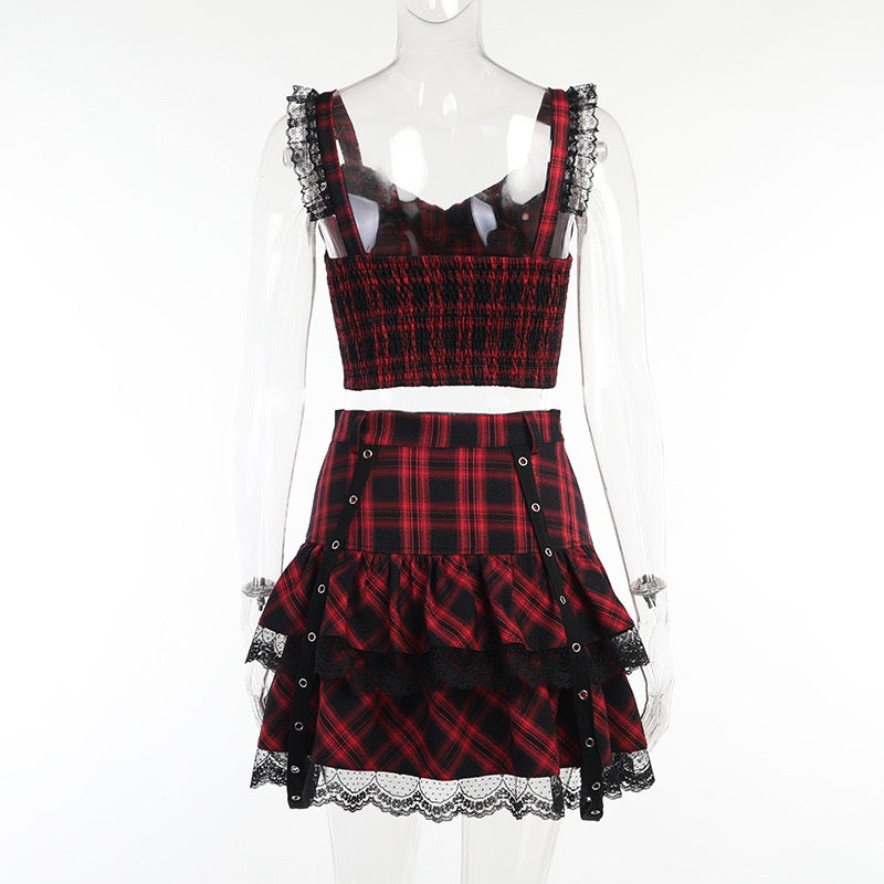 Sexy red and black plaid skirt set back