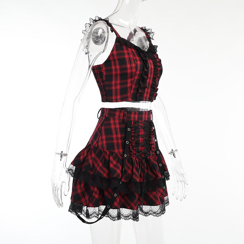 Sexy red and black plaid skirt set side