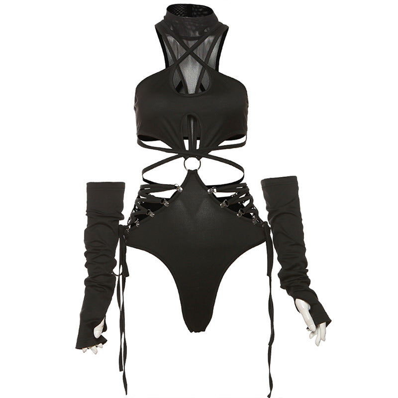 Sexy strapped bodysuit with gloves set