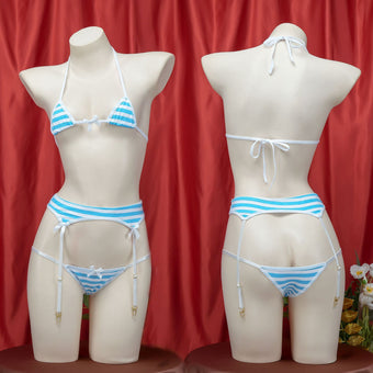 Stripe Bikini With Garter Belt Femboy Swimwear