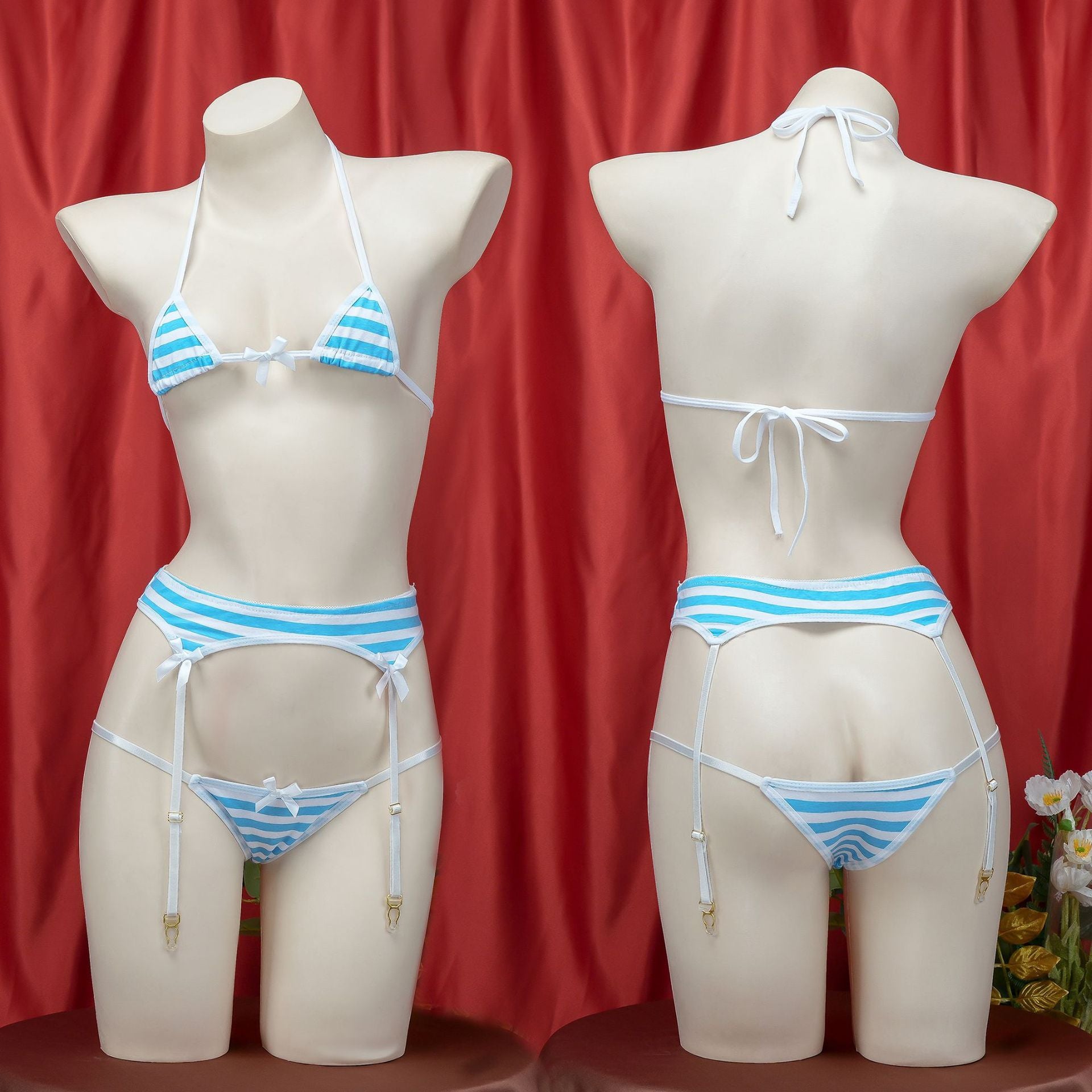 Stripe Bikini With Garter Belt - Femboy Fashion