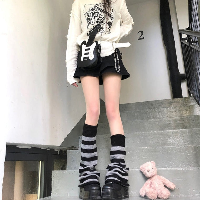 Gray and Black Striped Leg Warmers - Femboy Fashion