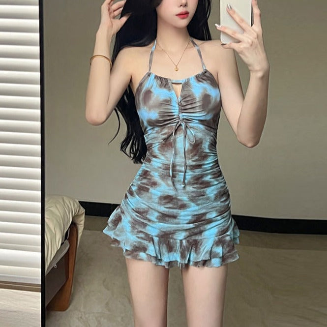 Turquoise Halter Swimsuit Dress - Femboy Fashion