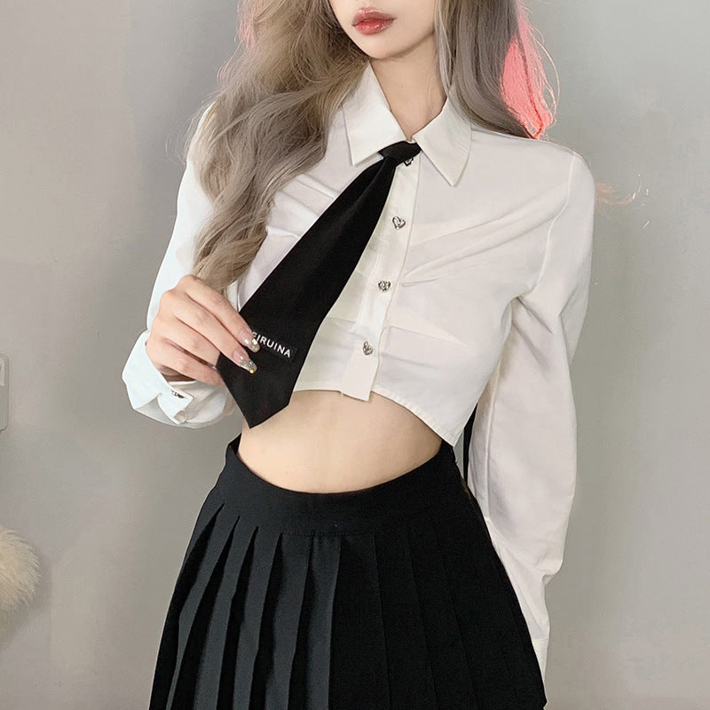 Femboy In White Cinch Waist Crop Shirt Long Sleeve - Femboy Fashion