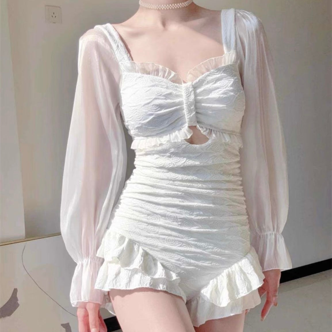 White Long Sleeve One-Piece Swimsuit - Femboy Fashion