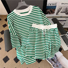 Short Sleeve Green And White Striped T-shirt And Short Set