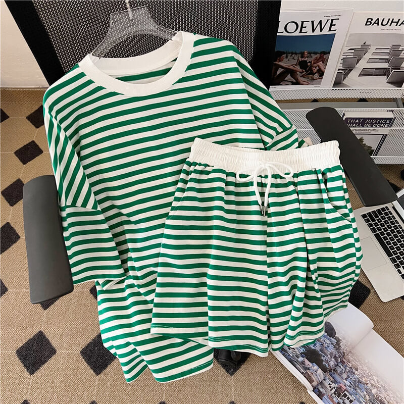 Short Sleeve Green And White Striped T-shirt And Short Set