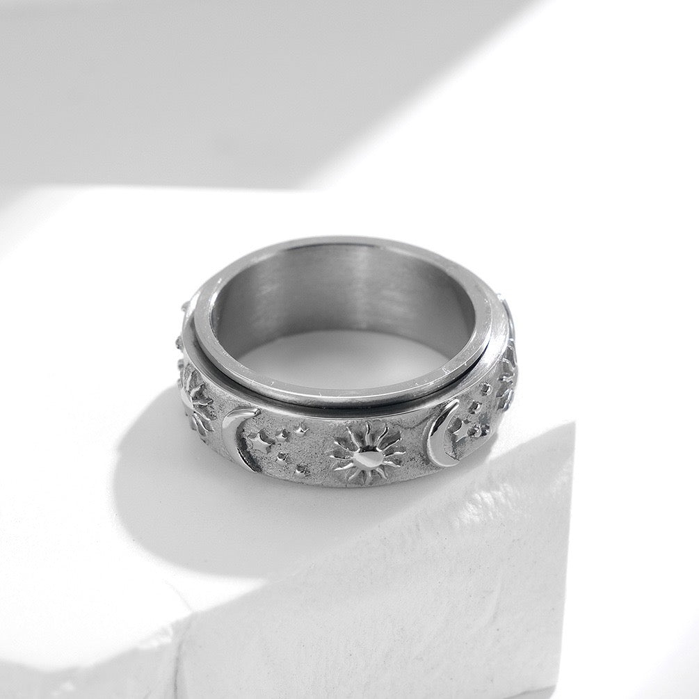 Silver sun moon star rotating stainless steel ring