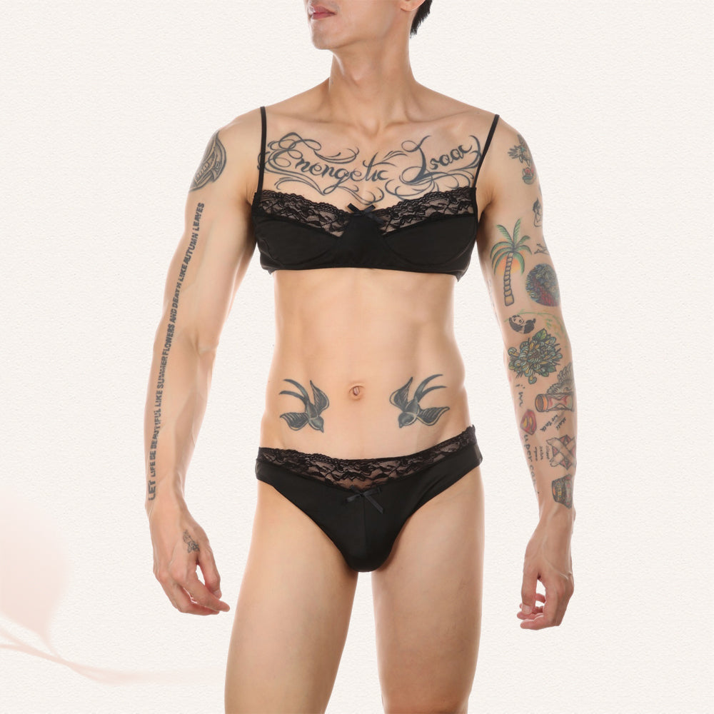 Sissy in Black Underwear And Bra Set Front - Femboy Fashion