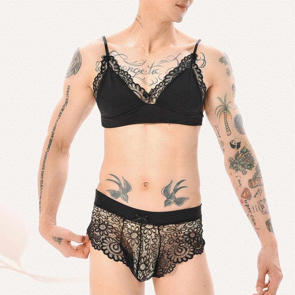 Sissy in Black Lace Bra And Boyshorts Set Front - Femboy Fashion