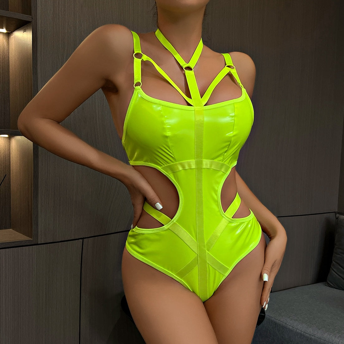 Sissy in Green Sexy Latex Teddy Lingerie - Femboy Fashion