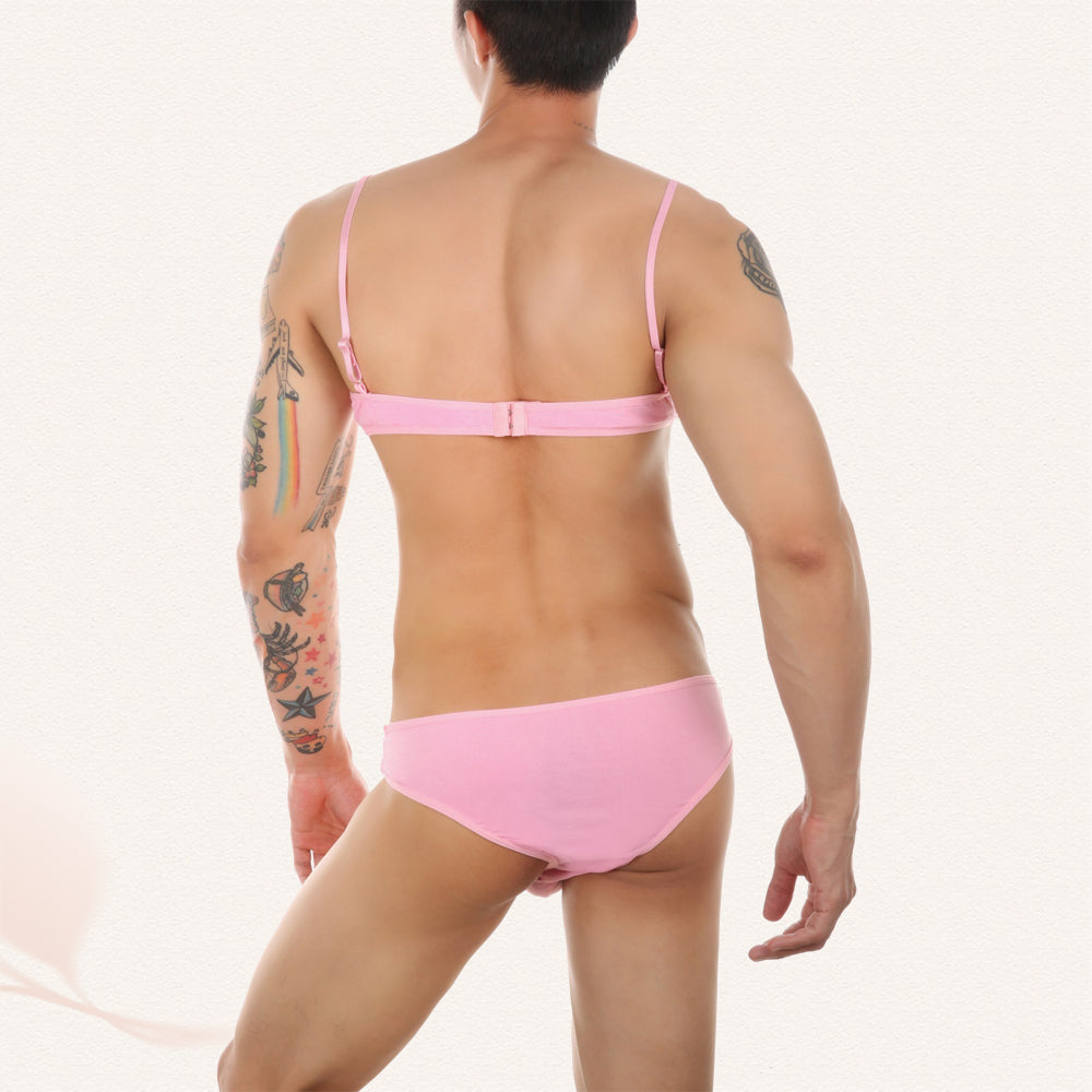 Sissy in Pink Underwear And Bra Set Back - Femboy Fashion