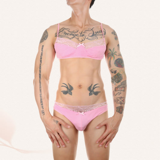 Sissy in Pink Underwear And Bra Set Front - Femboy Fashion