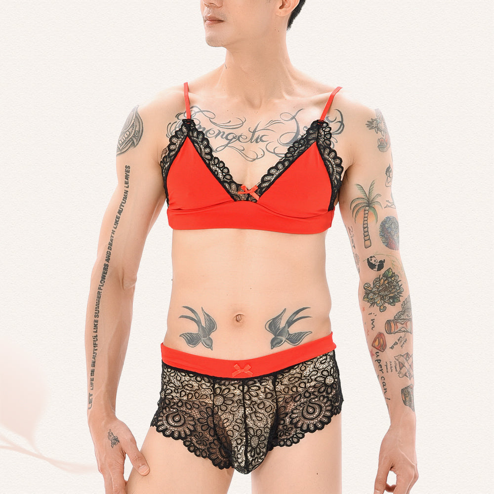 Sissy in Red Lace Bra And Boyshorts Set  Front - Femboy Fashion