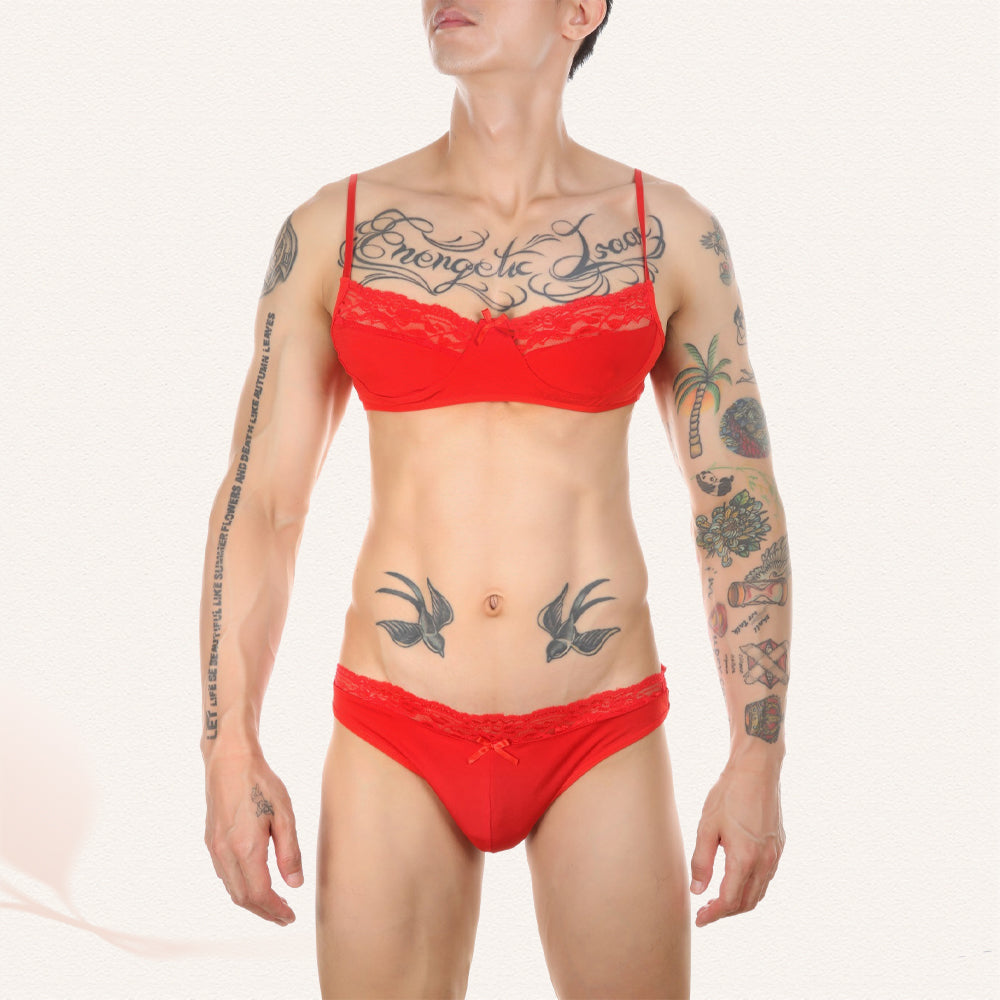 Sissy in Red Underwear And Bra Set Front - Femboy Fashion