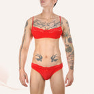 Sissy in Red Underwear And Bra Set Front - Femboy Fashion