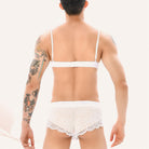 Sissy in White Lace Bra And Boyshorts Set Back - Femboy Fashion