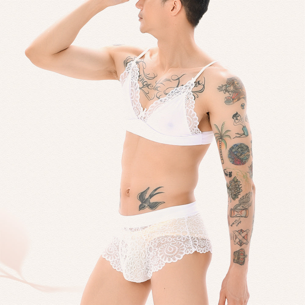 Sissy in White Lace Bra And Boyshorts Set Side - Femboy Fashion