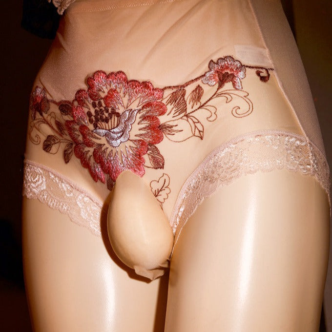 Nude Sissy High Waist Floral Lace Pouch Panties - Femboy Fashion