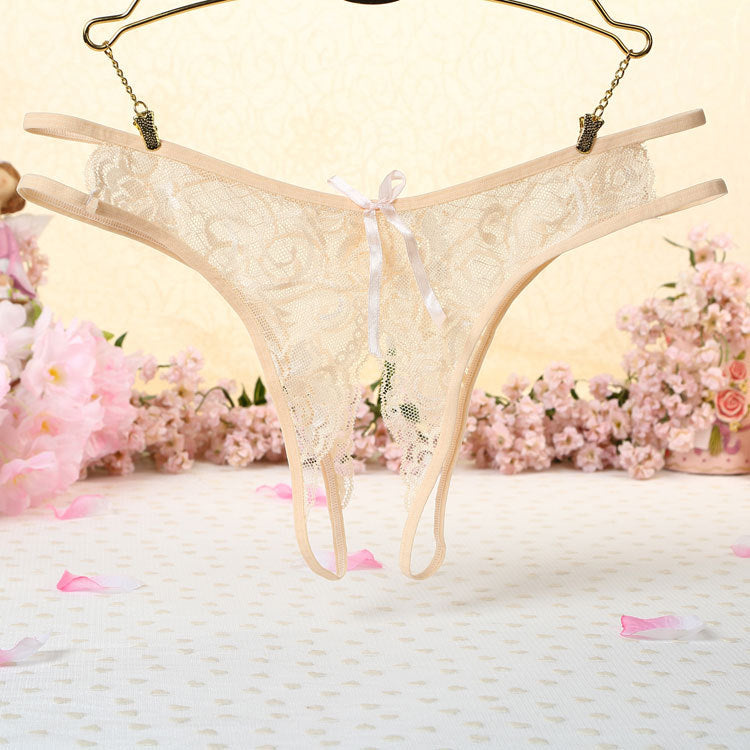 Beige Sexy Lace Open Crotch Thong - Femboy Fashion