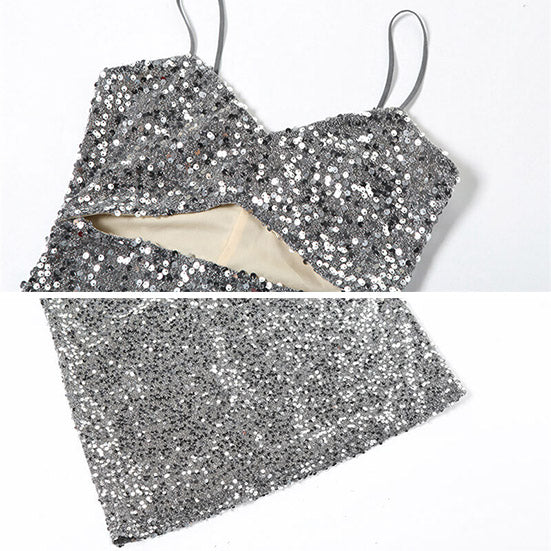 Slim silver glitter slip dress detail