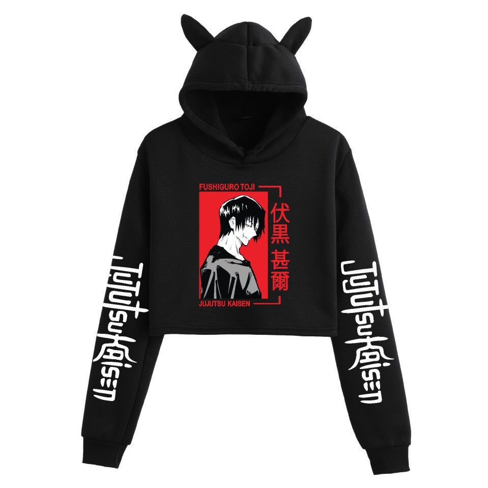 Anime Crop Hoodie With Cat Ears-Black - Femboy Fashion