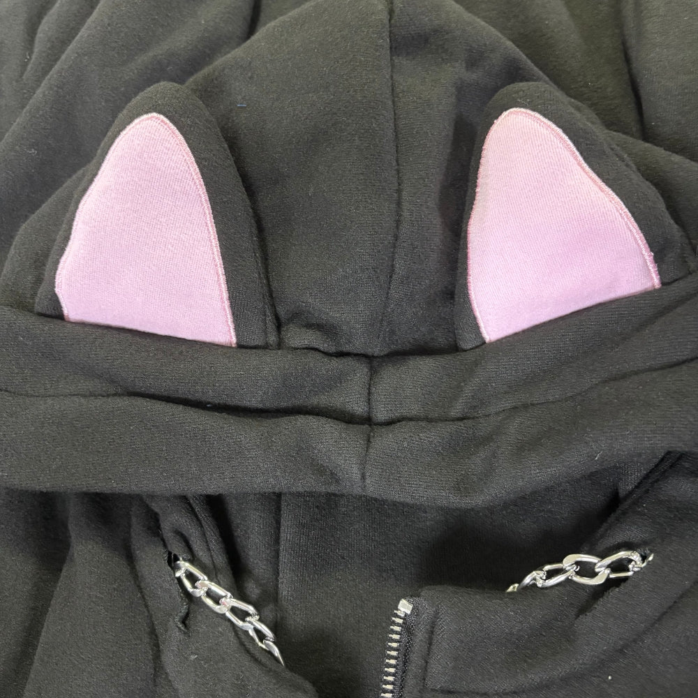 Black Cat Crop Hoodie With Ears - Femboy Fashion