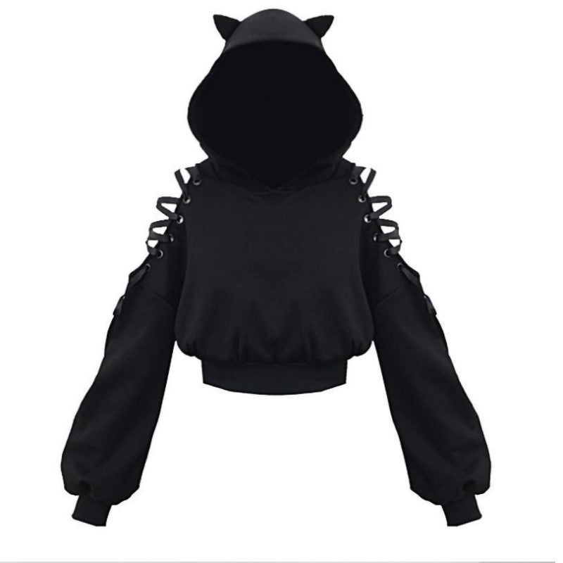 Black Cat Crop Hoodie With Ears - Femboy Fashion