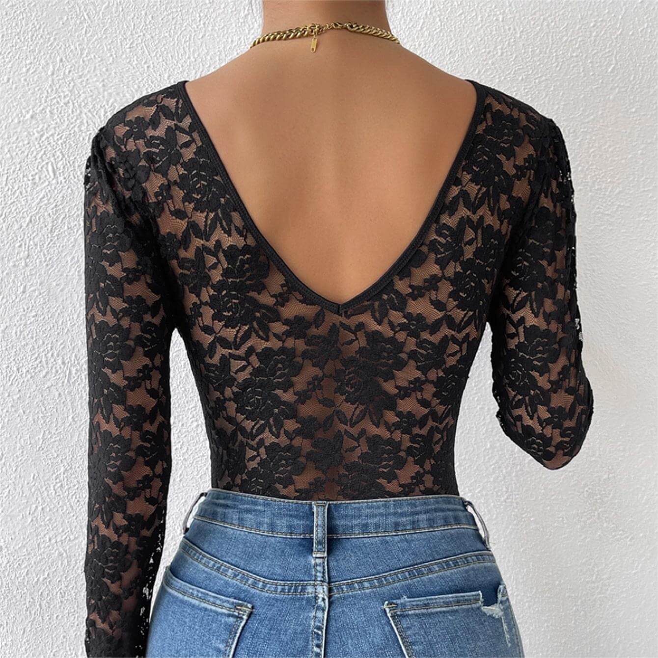 Black Lace Long Sleeve Bodysuit - Femboy Fashion